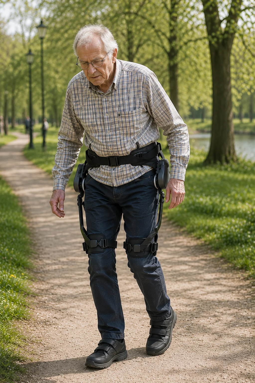 Man wandelt in het park met een heup-exoskelet